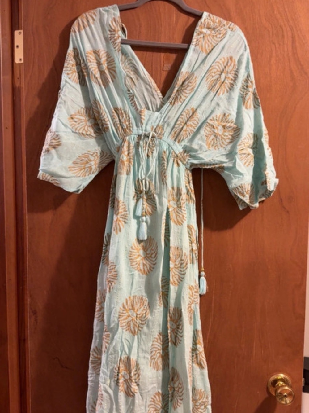 Mint Blue Maxi Dress with Gold Floral Motif